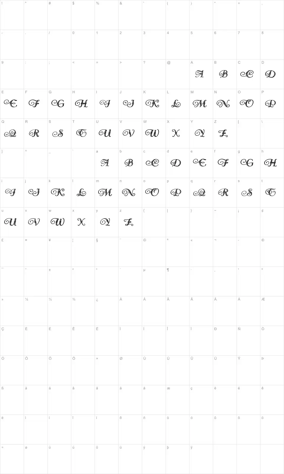 Mapa de caracteres da fonte Diamond Dreams