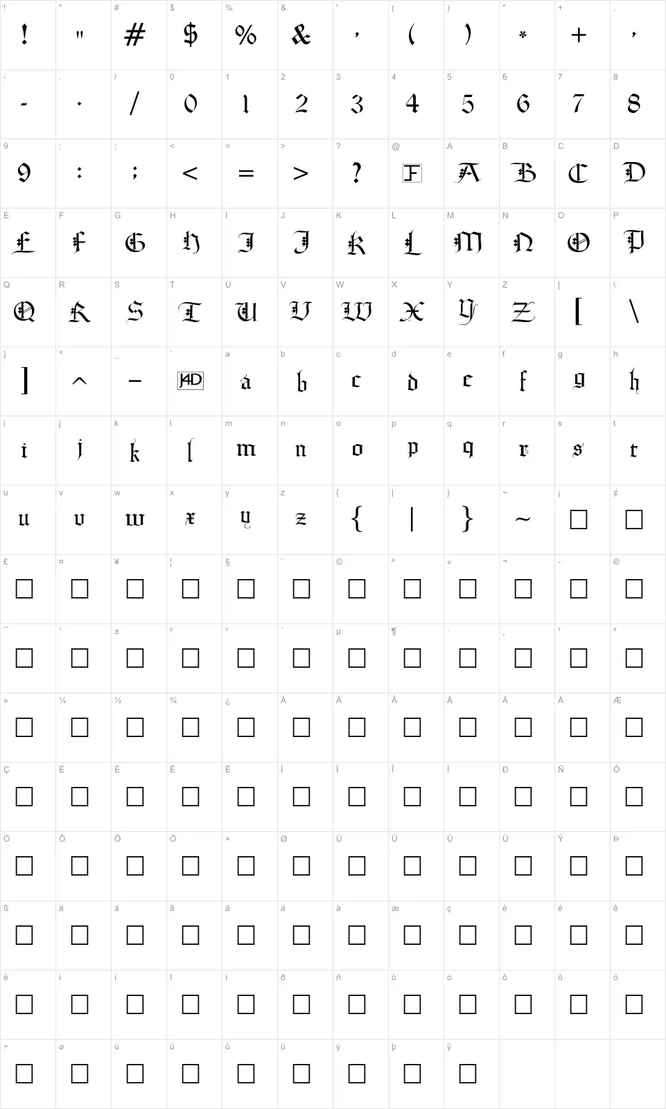 Mapa de caracteres da fonte Diamond Gothic