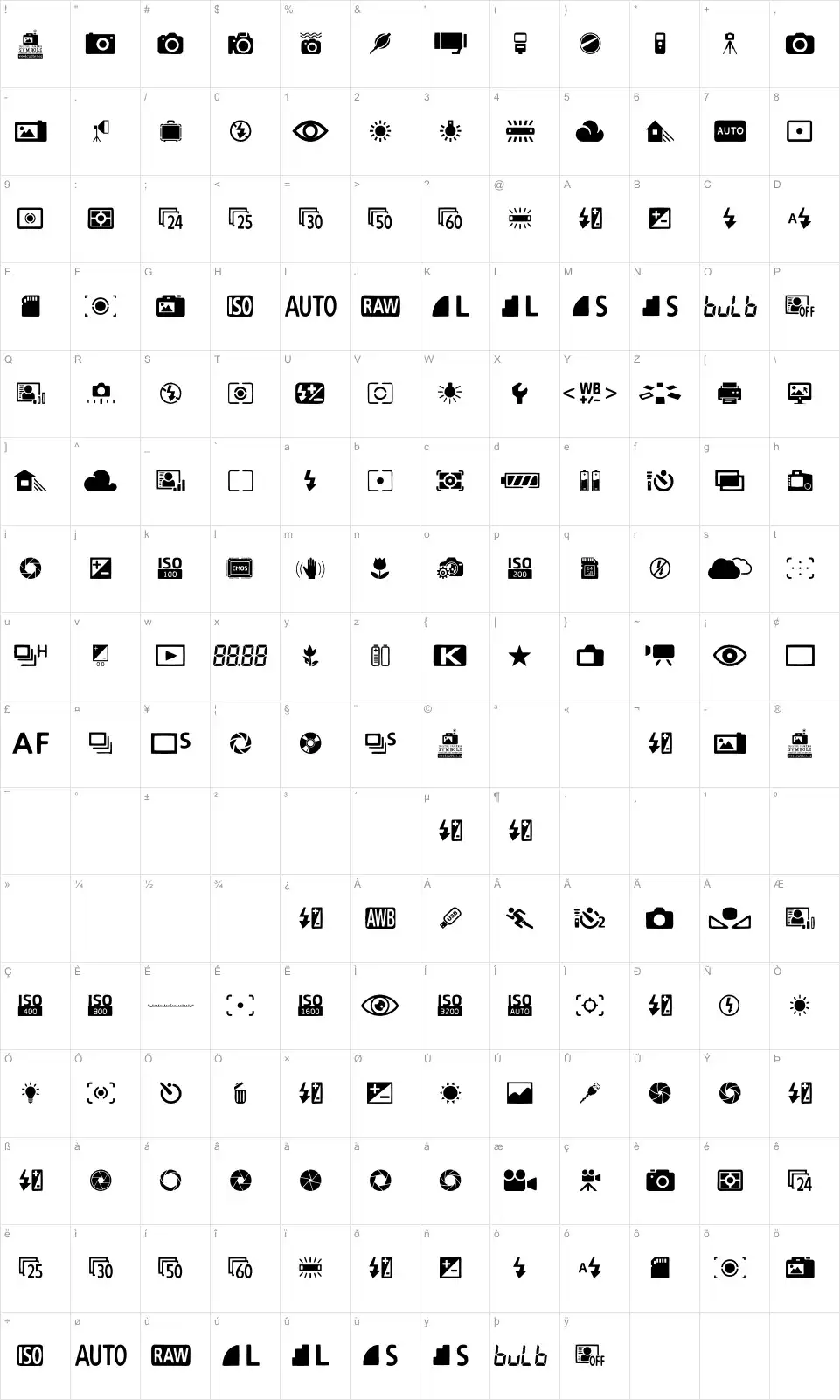 Mapa de caracteres da fonte Digital Camera Symbols