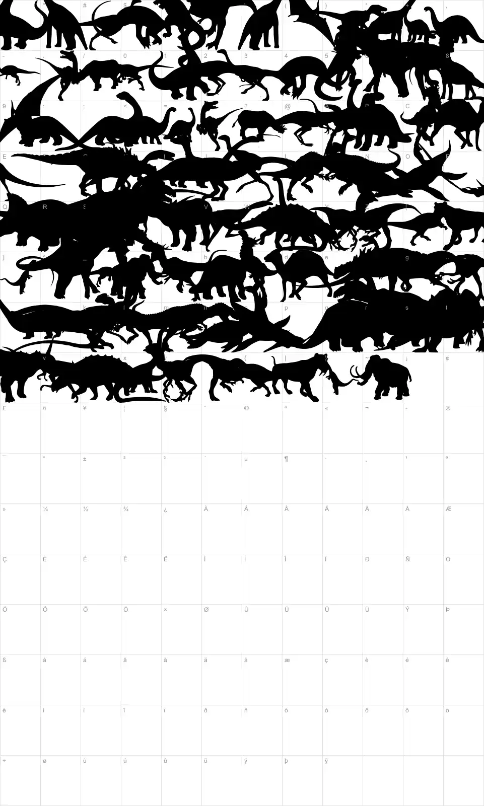 Mapa de caracteres da fonte Ding-o-saurs