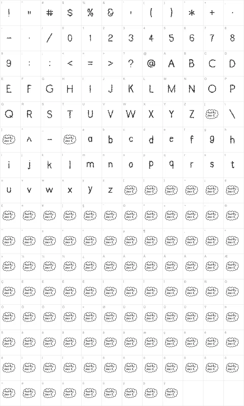 Mapa de caracteres da fonte Dinosaur Skin