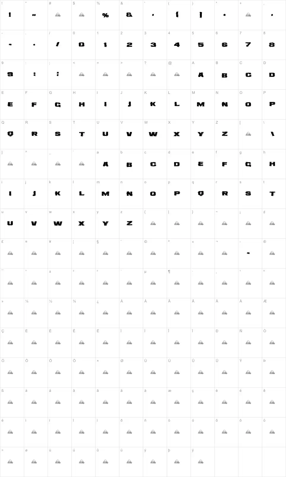 Mapa de caracteres da fonte Dirtee Box