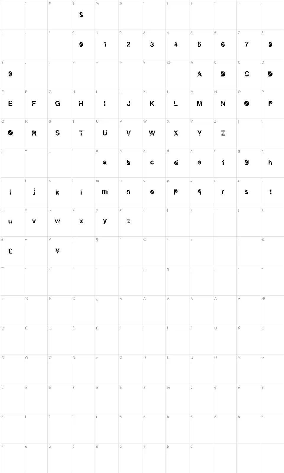 Mapa de caracteres da fonte Disco Night