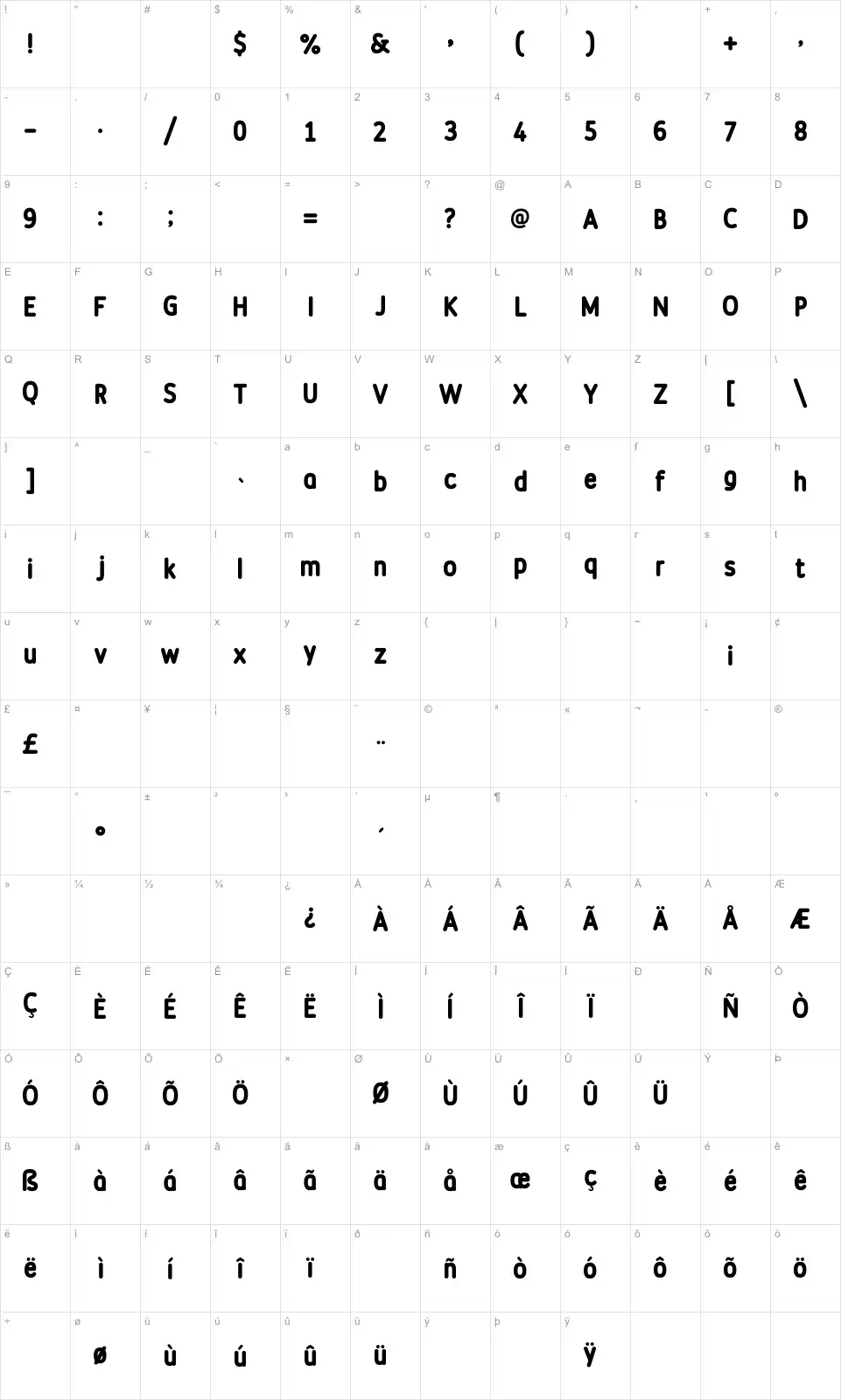 Mapa de caracteres da fonte Discoteca Rounded