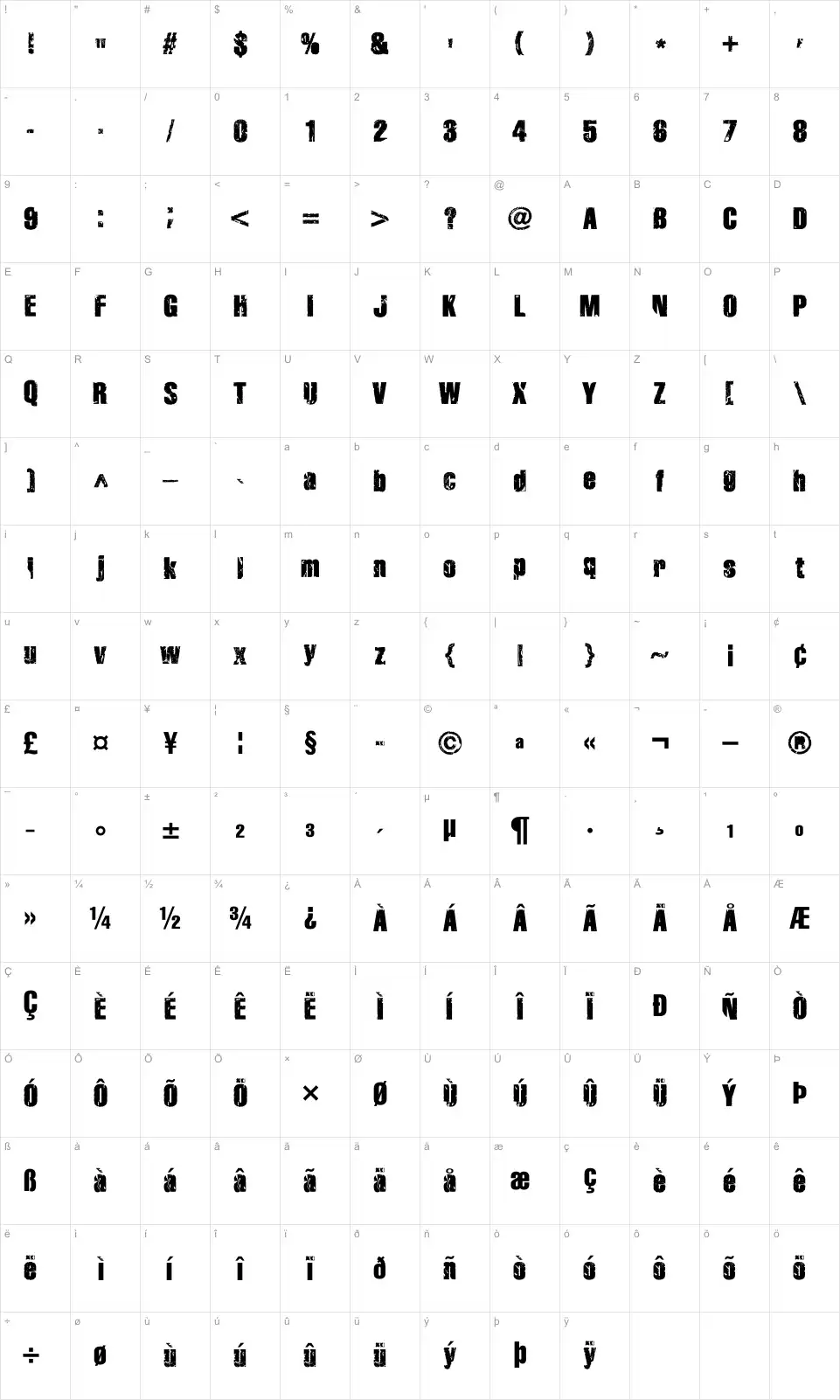 Mapa de caracteres da fonte Disintegration