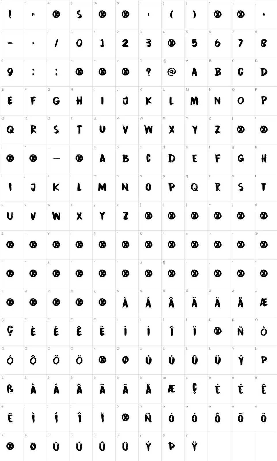 Mapa de caracteres da fonte DK Cinnabar Brush