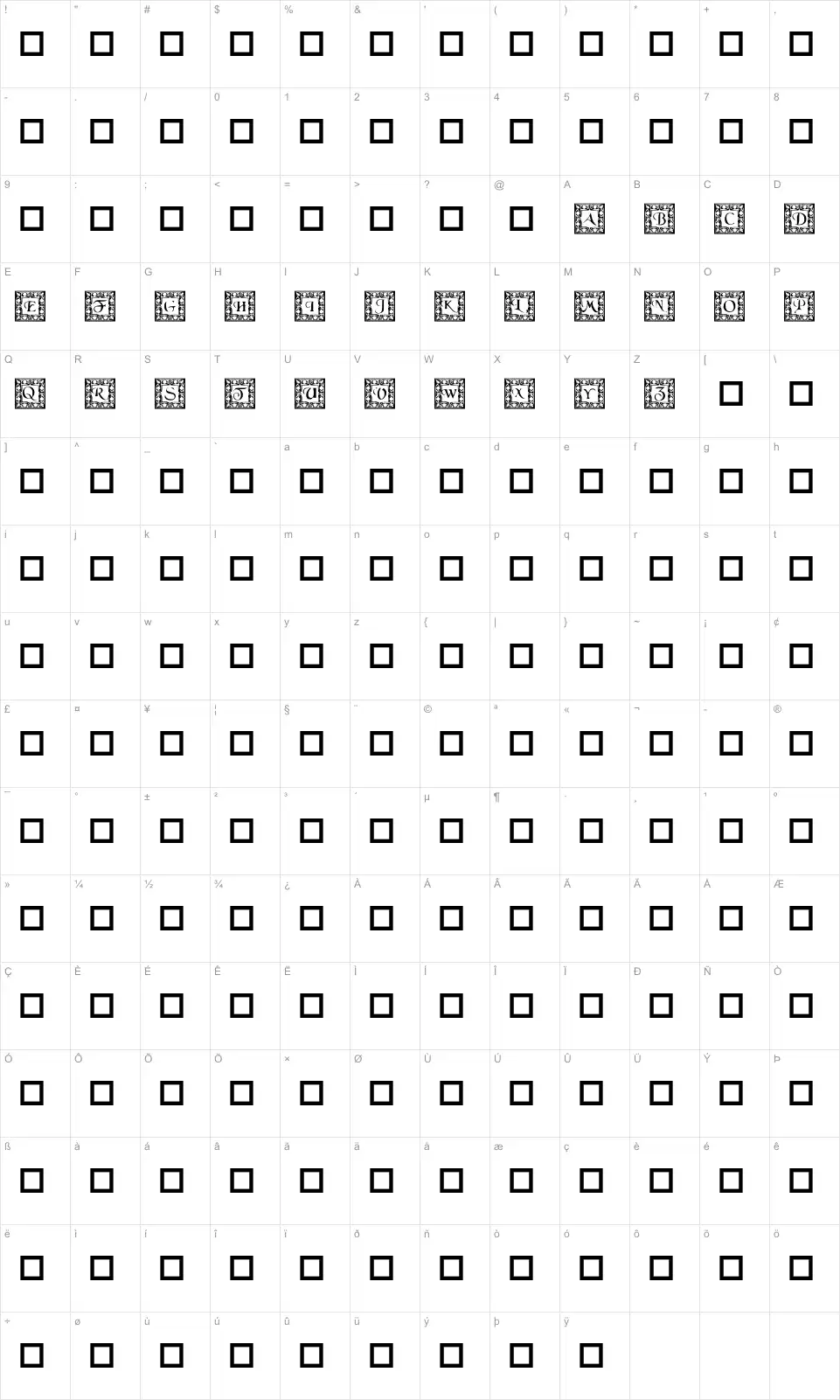 Mapa de caracteres da fonte DLFillegreeCaps