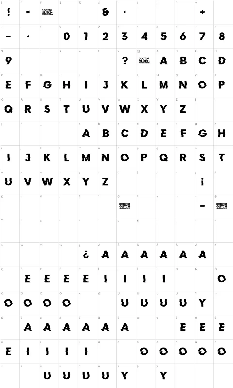 Mapa de caracteres da fonte Doctor Glitch