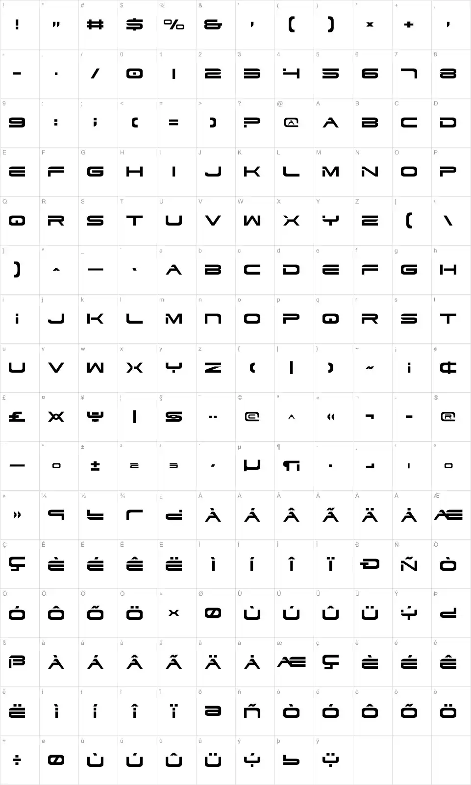 Mapa de caracteres da fonte Dodger