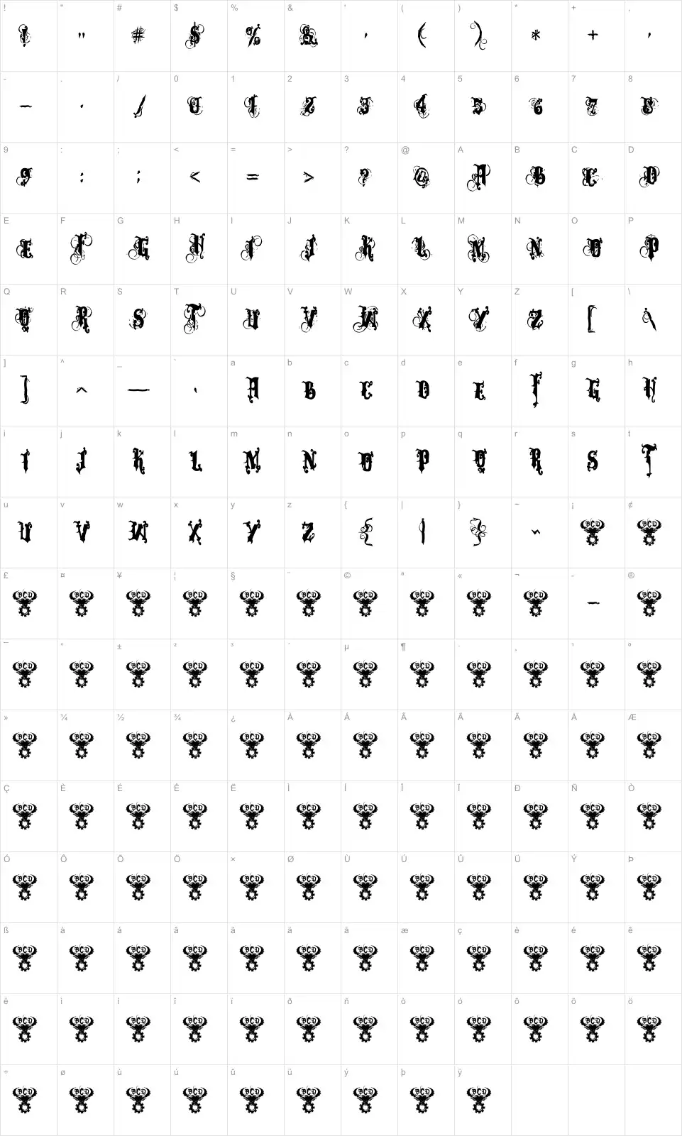 Mapa de caracteres da fonte Dominatrix