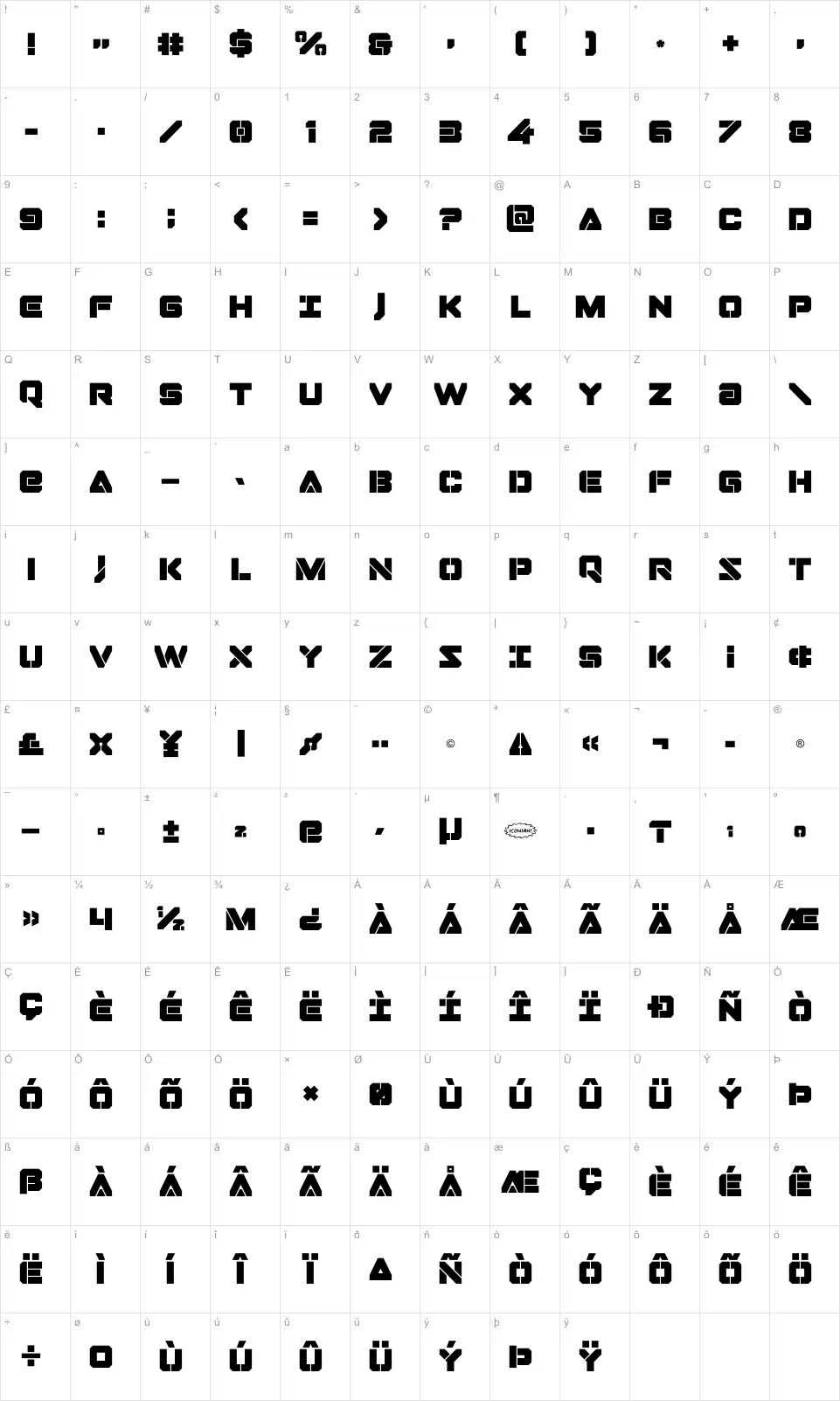 Mapa de caracteres da fonte Domino Jack