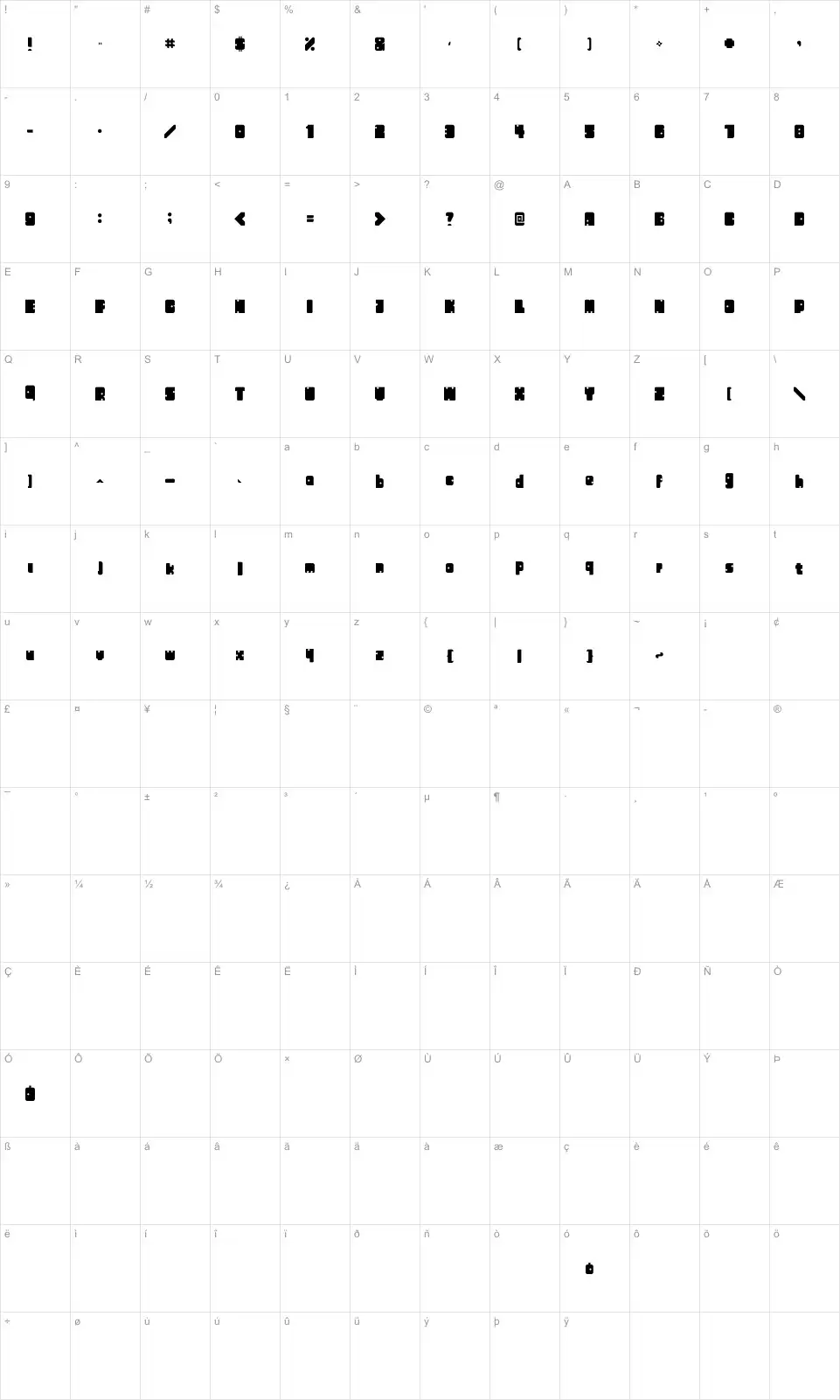 Mapa de caracteres da fonte Domino