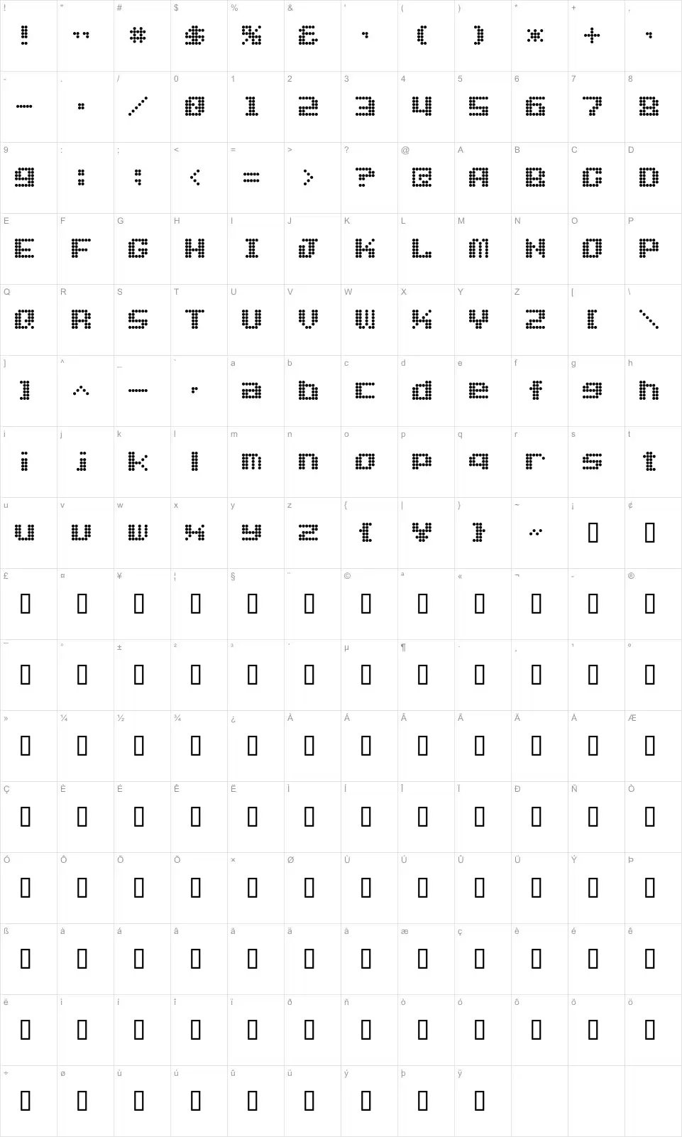 Mapa de caracteres da fonte Dot Font