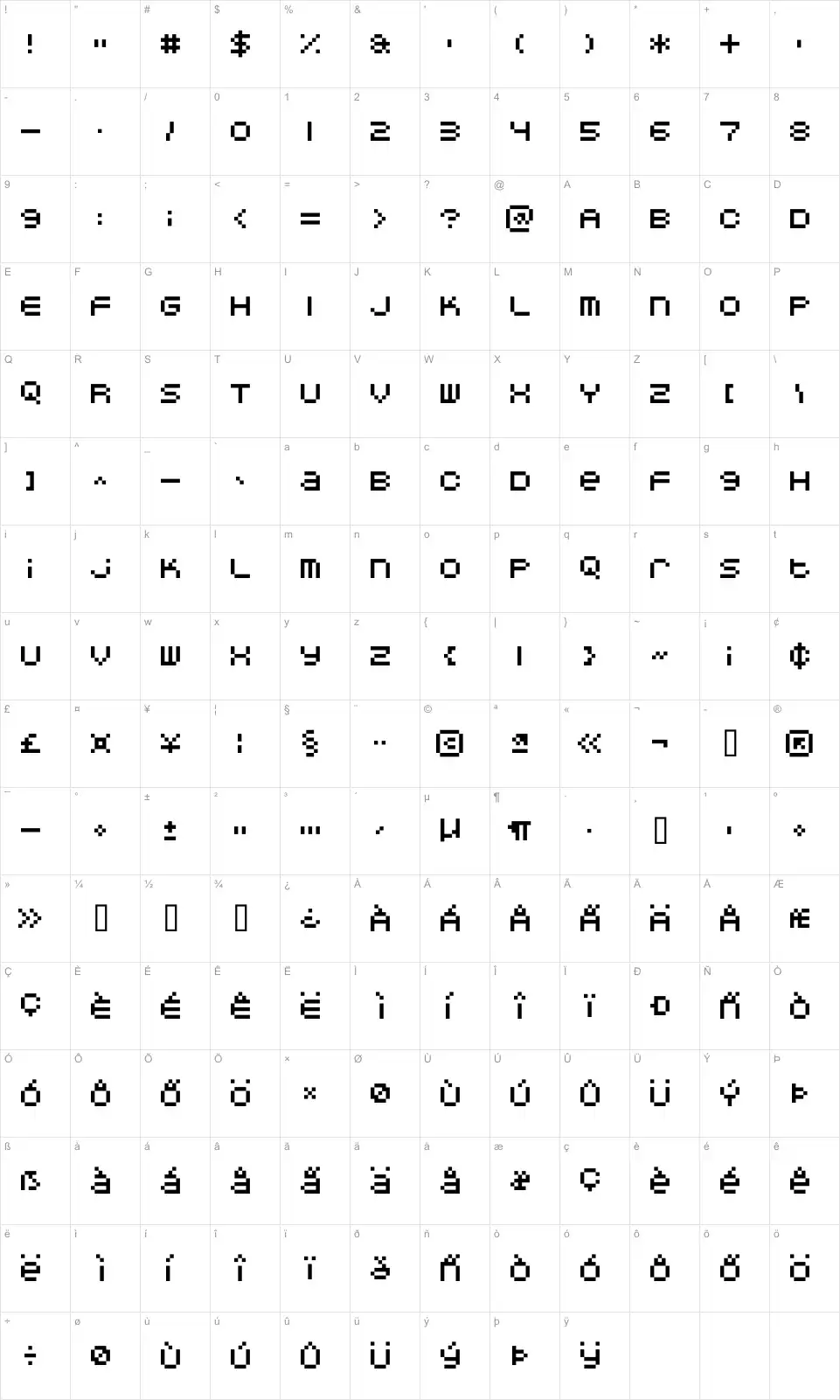 Mapa de caracteres da fonte DoubleOhOne