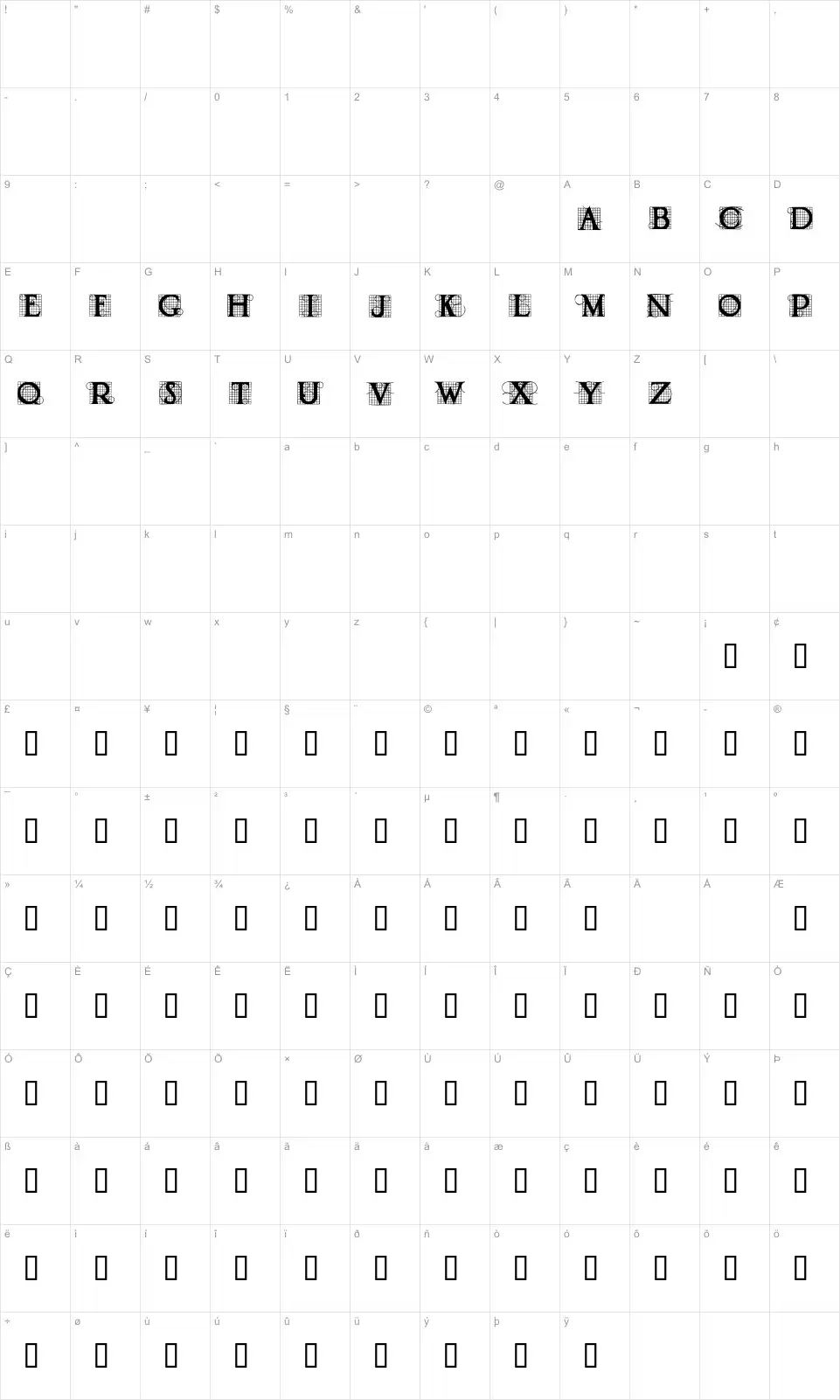 Mapa de caracteres da fonte Draughtwork