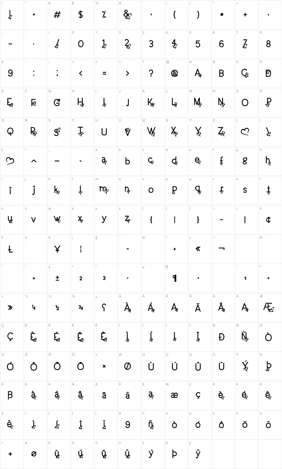 Mapa de caracteres da fonte Dream Love Valentine