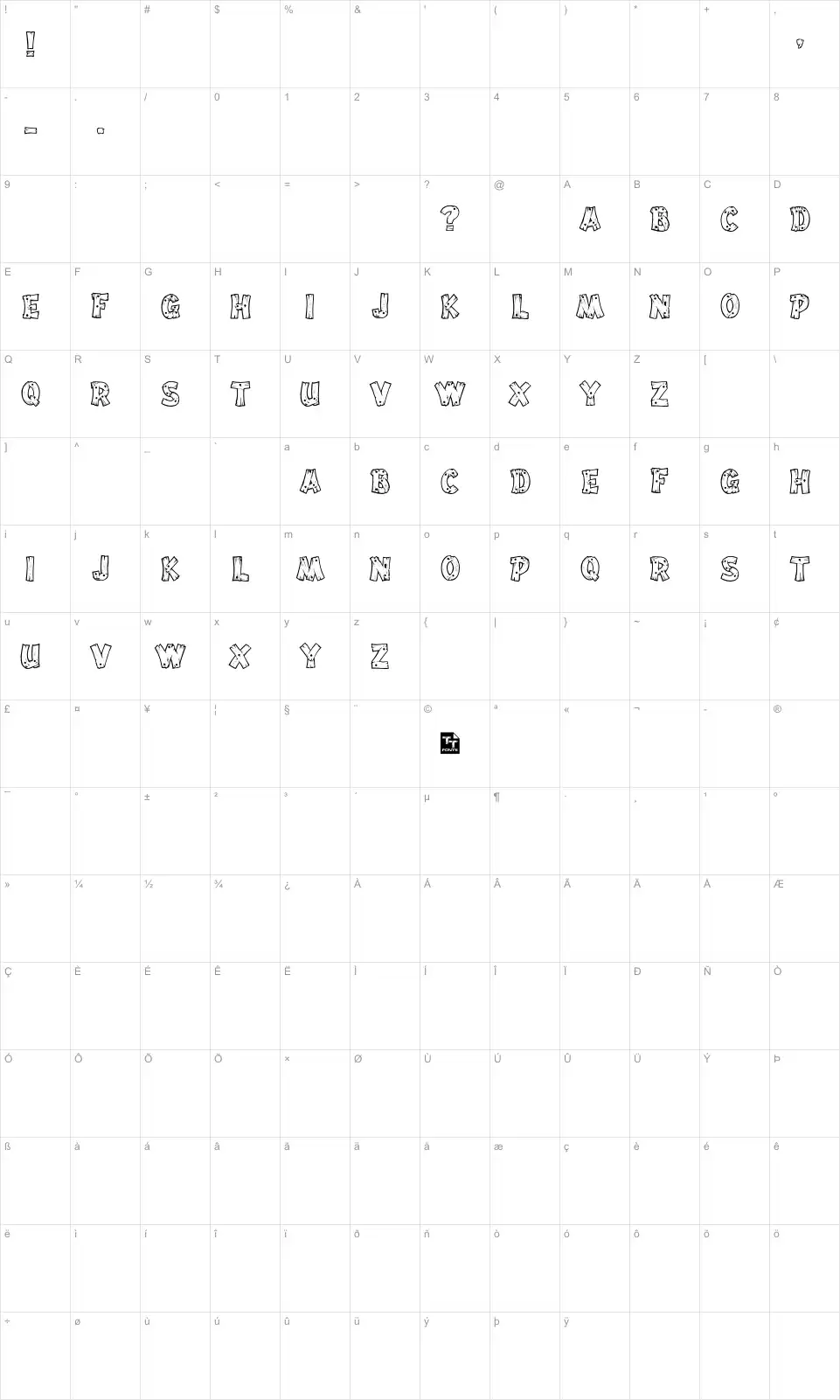 Mapa de caracteres da fonte Drift Type