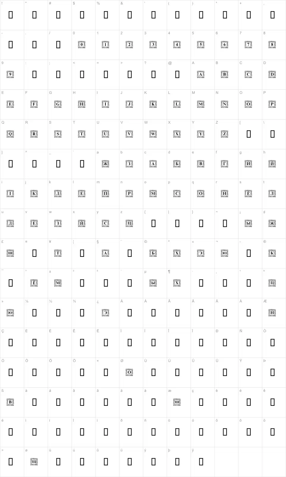 Mapa de caracteres da fonte DS Initials
