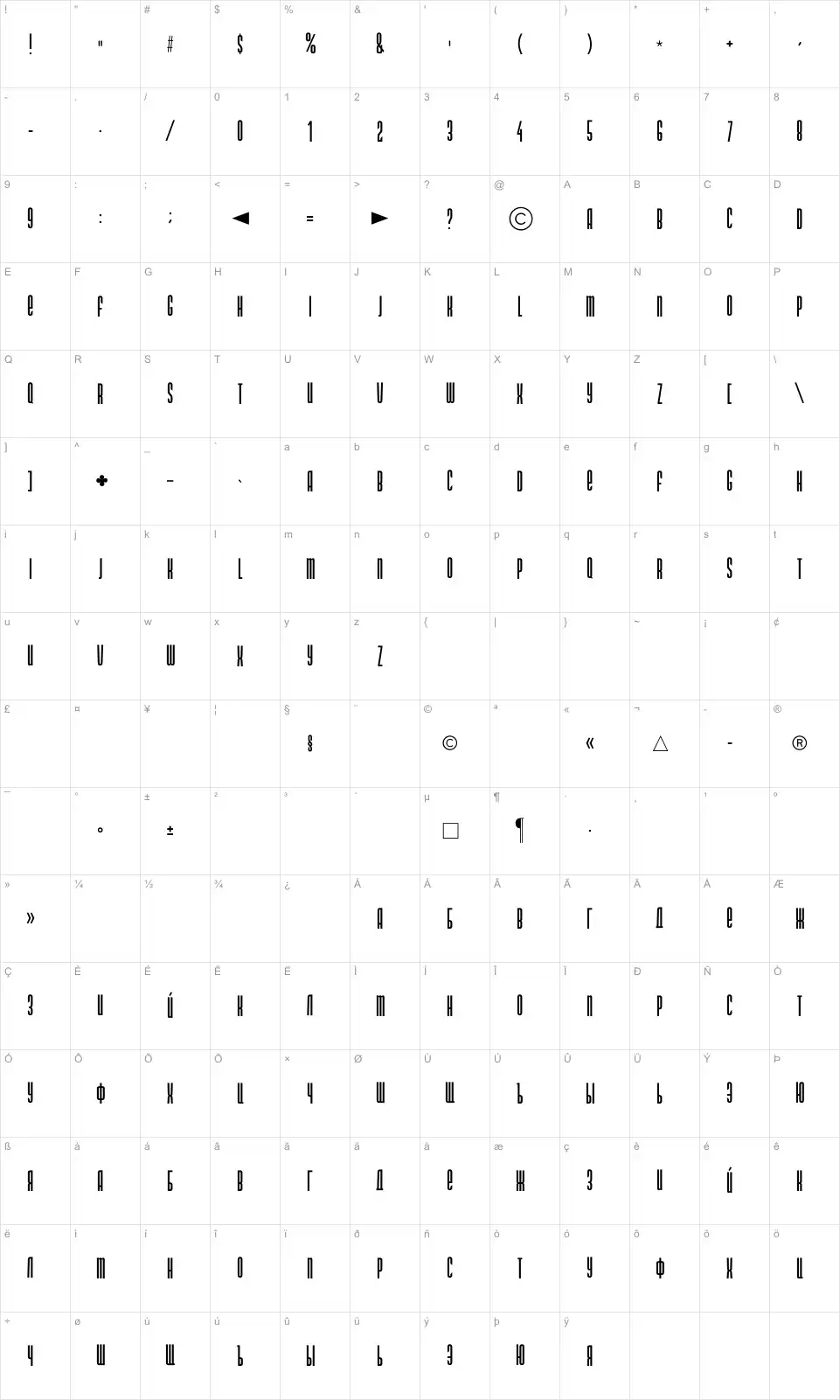 Mapa de caracteres da fonte DS Narrow