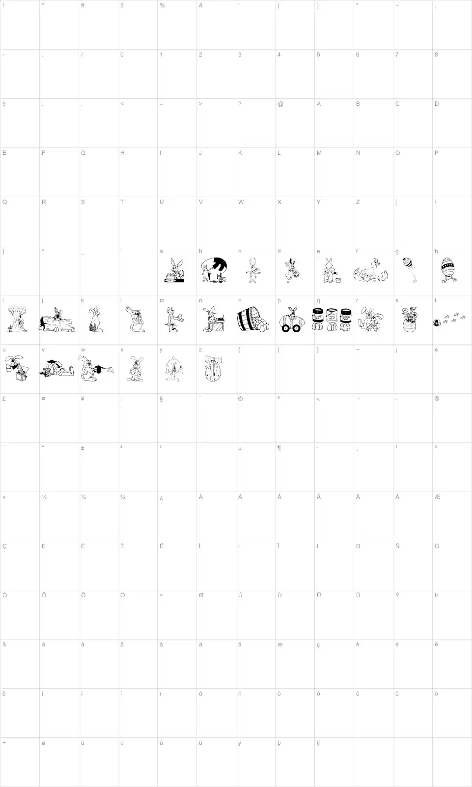 Mapa de caracteres da fonte DT Hip Hop