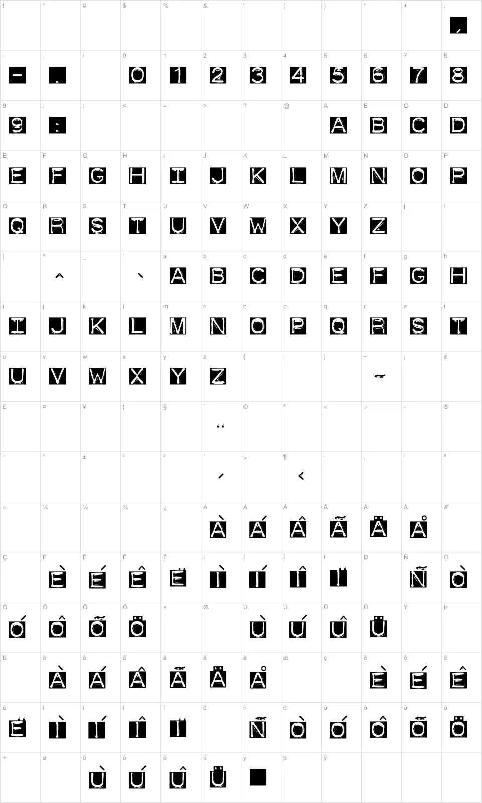 Mapa de caracteres da fonte Dymo Font Invers