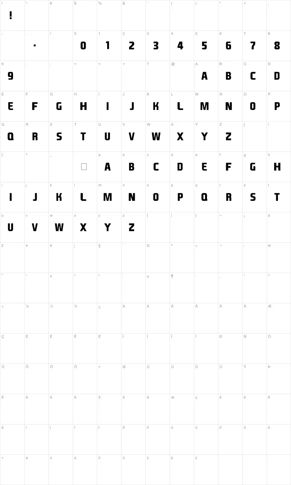 Mapa de caracteres da fonte EA Font