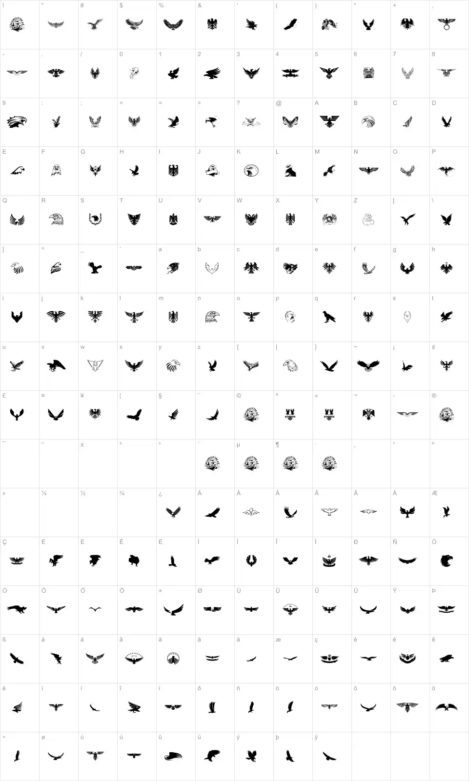 Mapa de caracteres da fonte Eagle