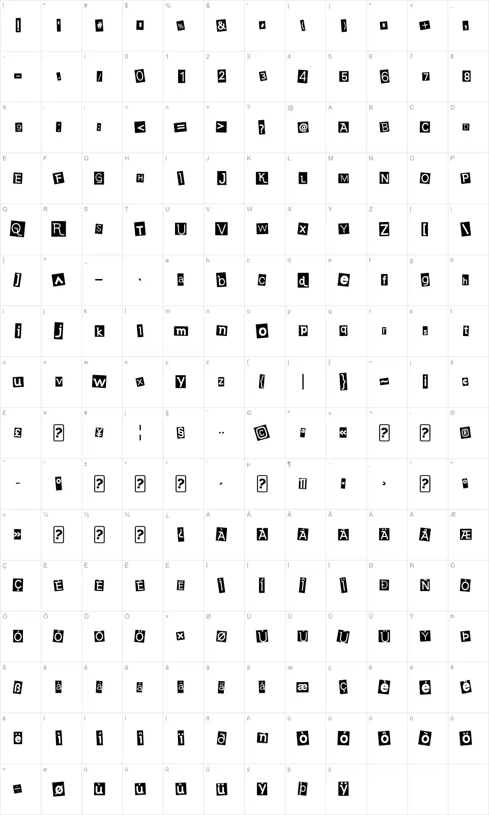 Mapa de caracteres da fonte Earwig Factory