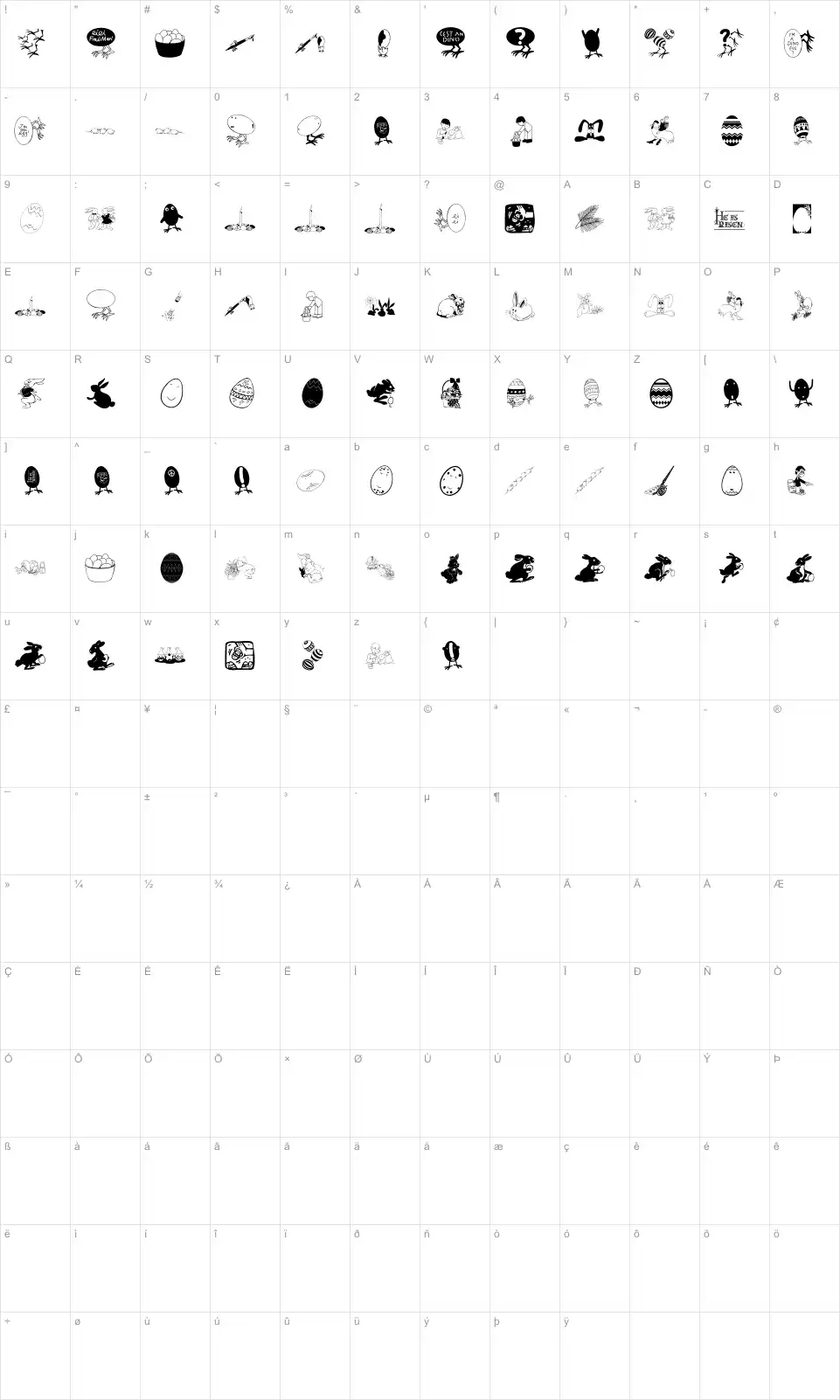 Mapa de caracteres da fonte Eastereggs