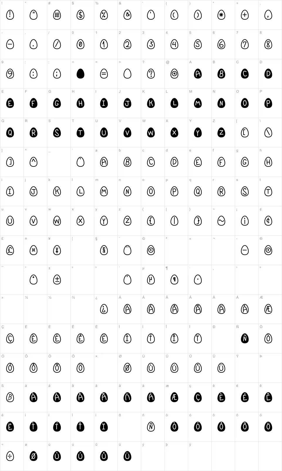 Mapa de caracteres da fonte EasterFont St