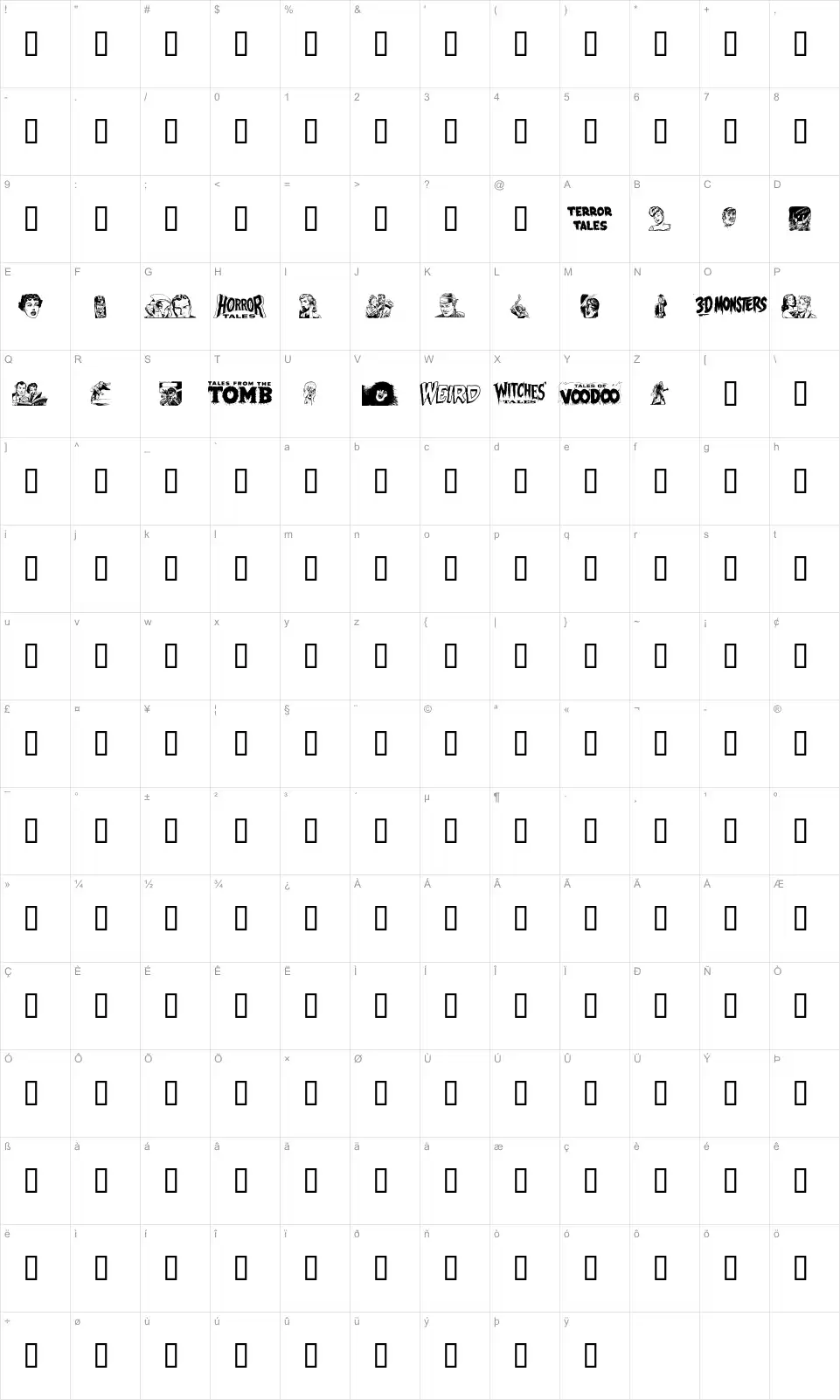 Mapa de caracteres da fonte Eerie Pubs Dingbats II