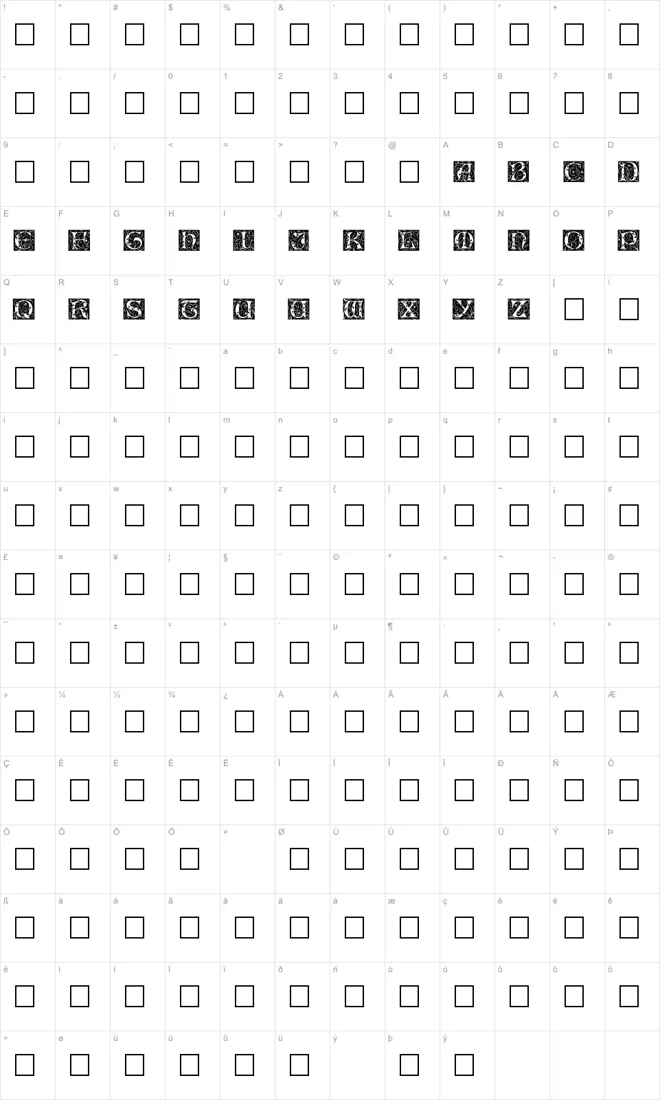 Mapa de caracteres da fonte Eileen Caps