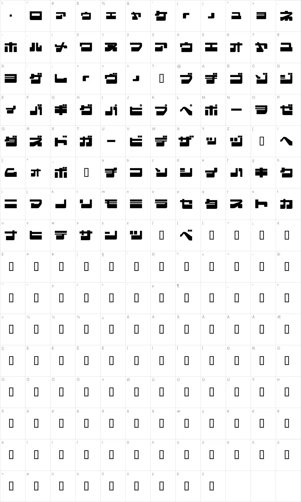 Mapa de caracteres da fonte Eject Jap
