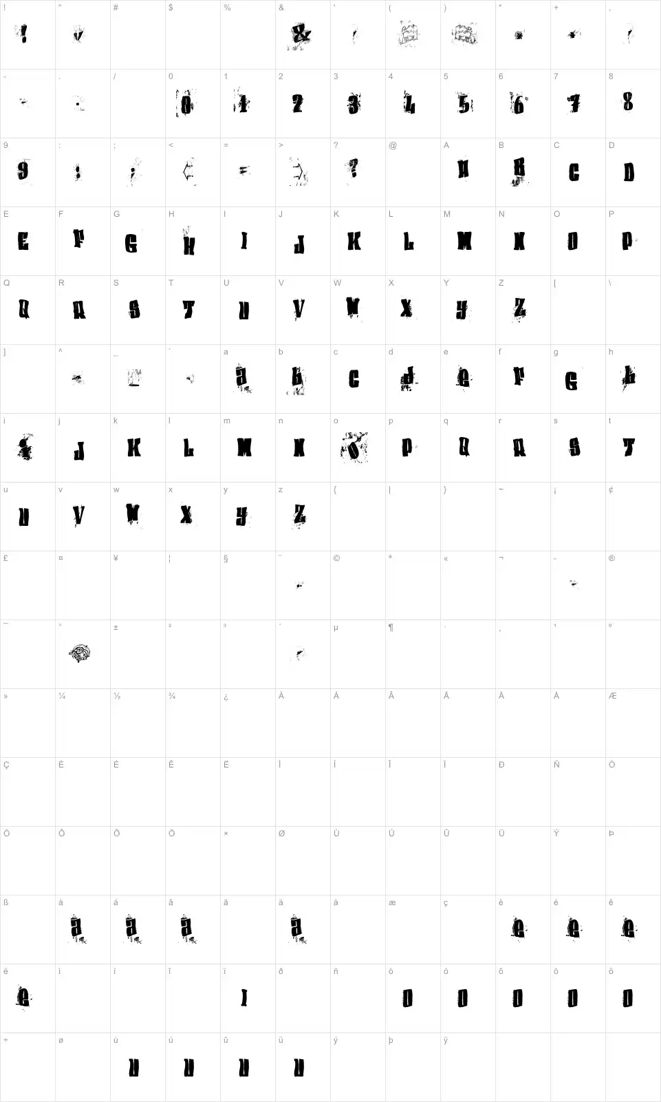 Mapa de caracteres da fonte (el&font BLOCK)