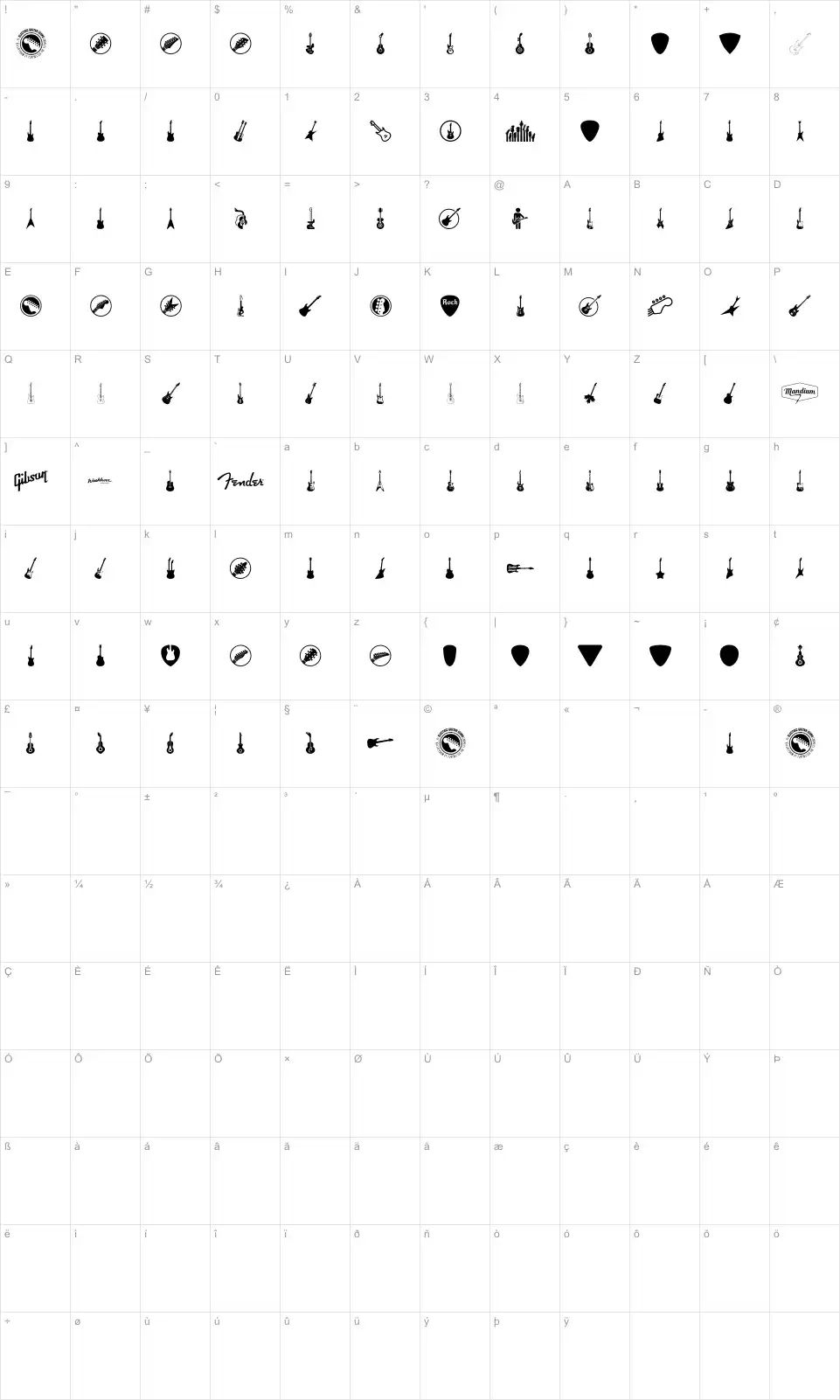 Mapa de caracteres da fonte Electric Guitar Icons
