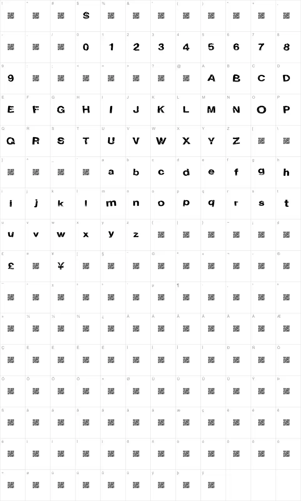 Mapa de caracteres da fonte Electric Night