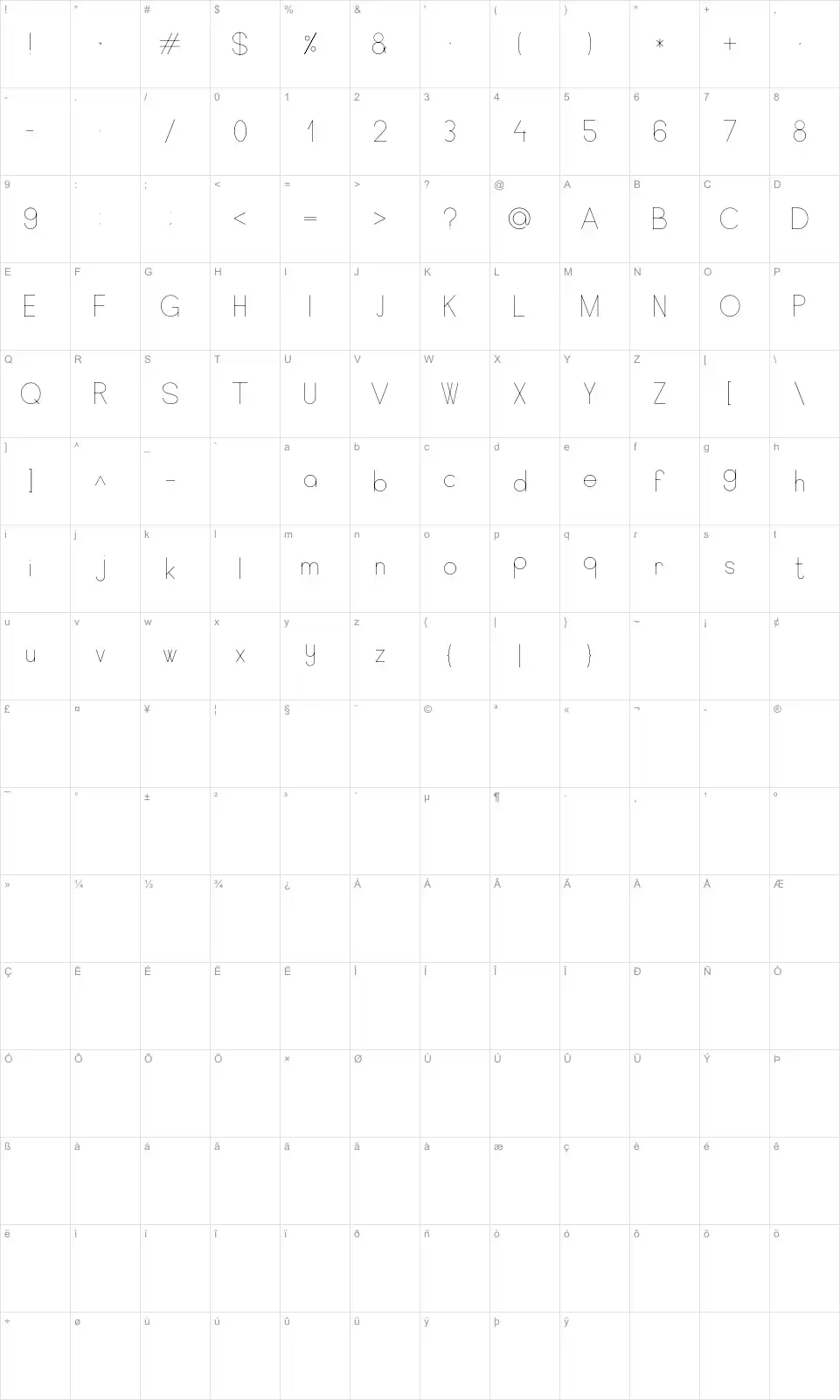 Mapa de caracteres da fonte Elegant Light