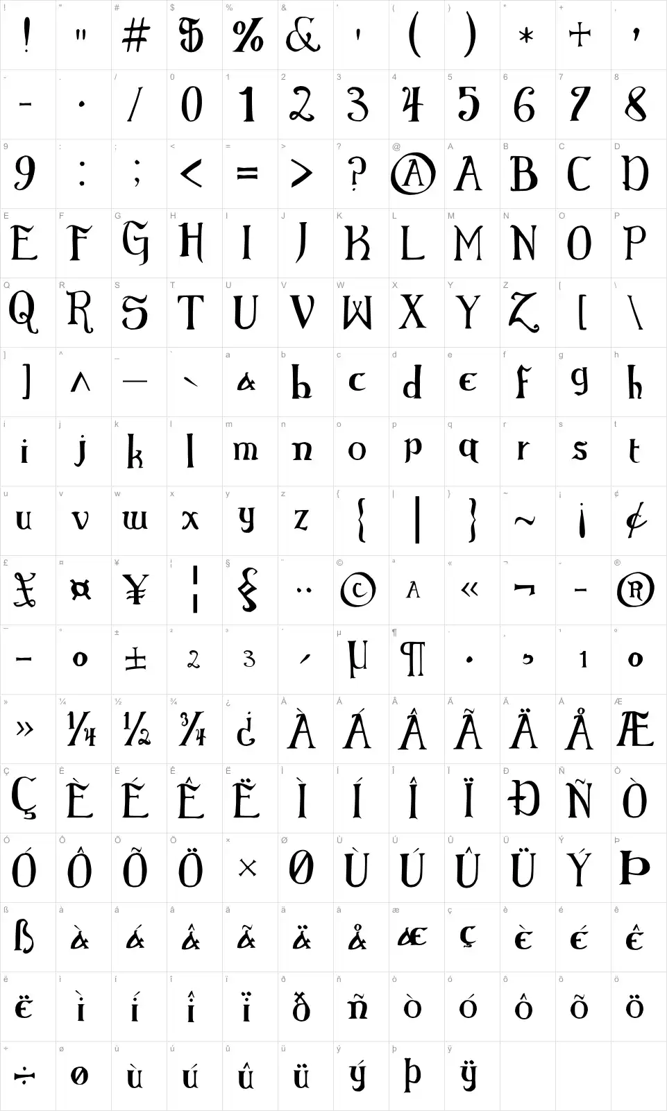 Mapa de caracteres da fonte Elementary Gothic Bookhand