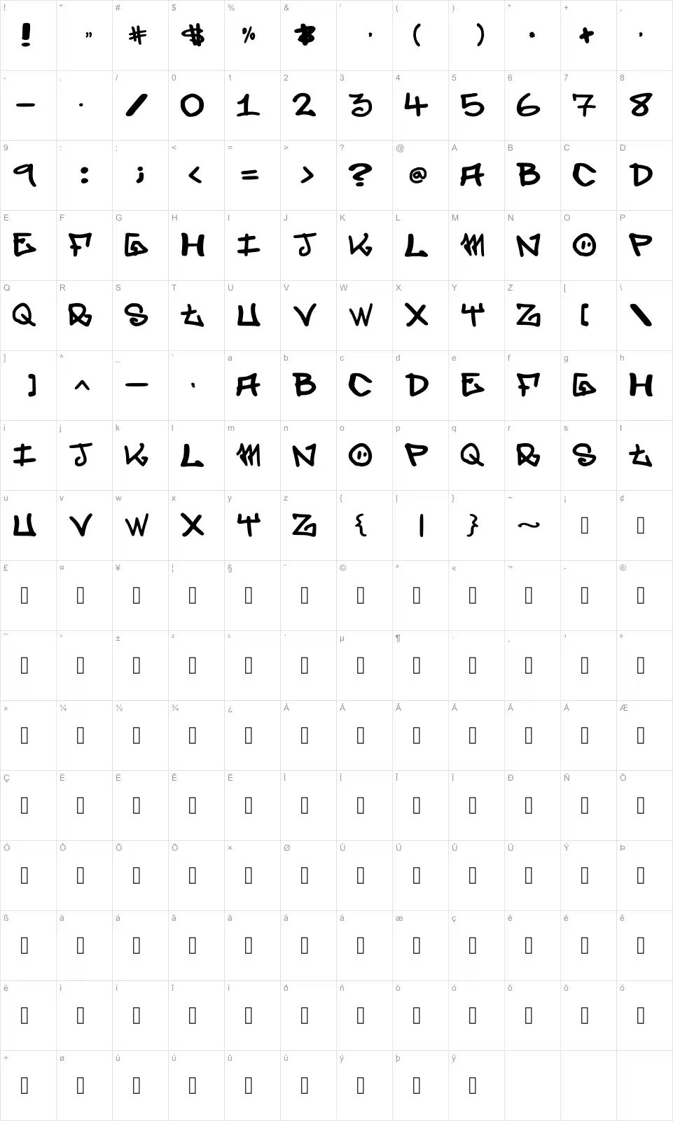 Mapa de caracteres da fonte Elevenoone