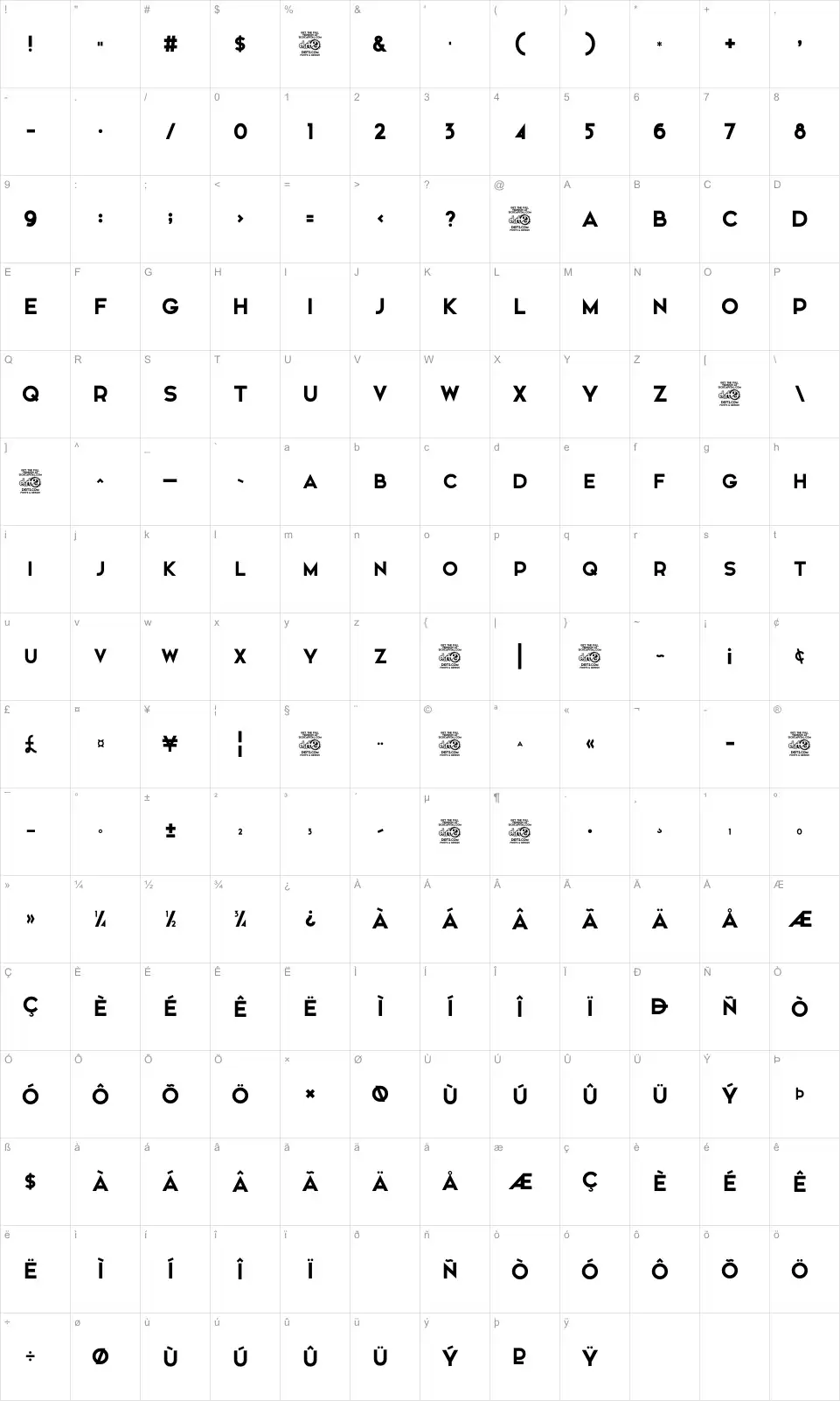 Mapa de caracteres da fonte Elkwood