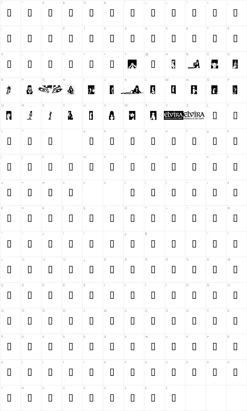 Mapa de caracteres da fonte Elvira Dingbats