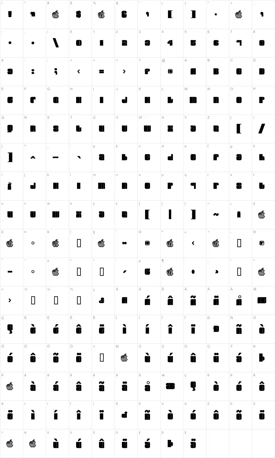 Mapa de caracteres da fonte Elvis