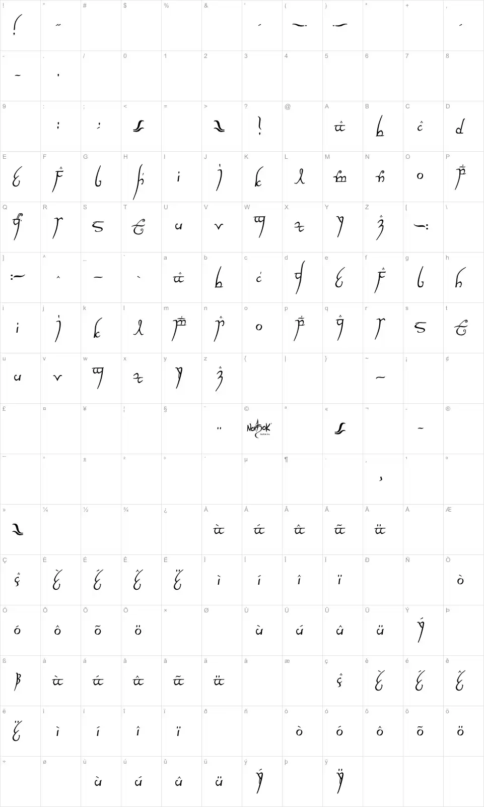 Mapa de caracteres da fonte Elvish Ring NFI