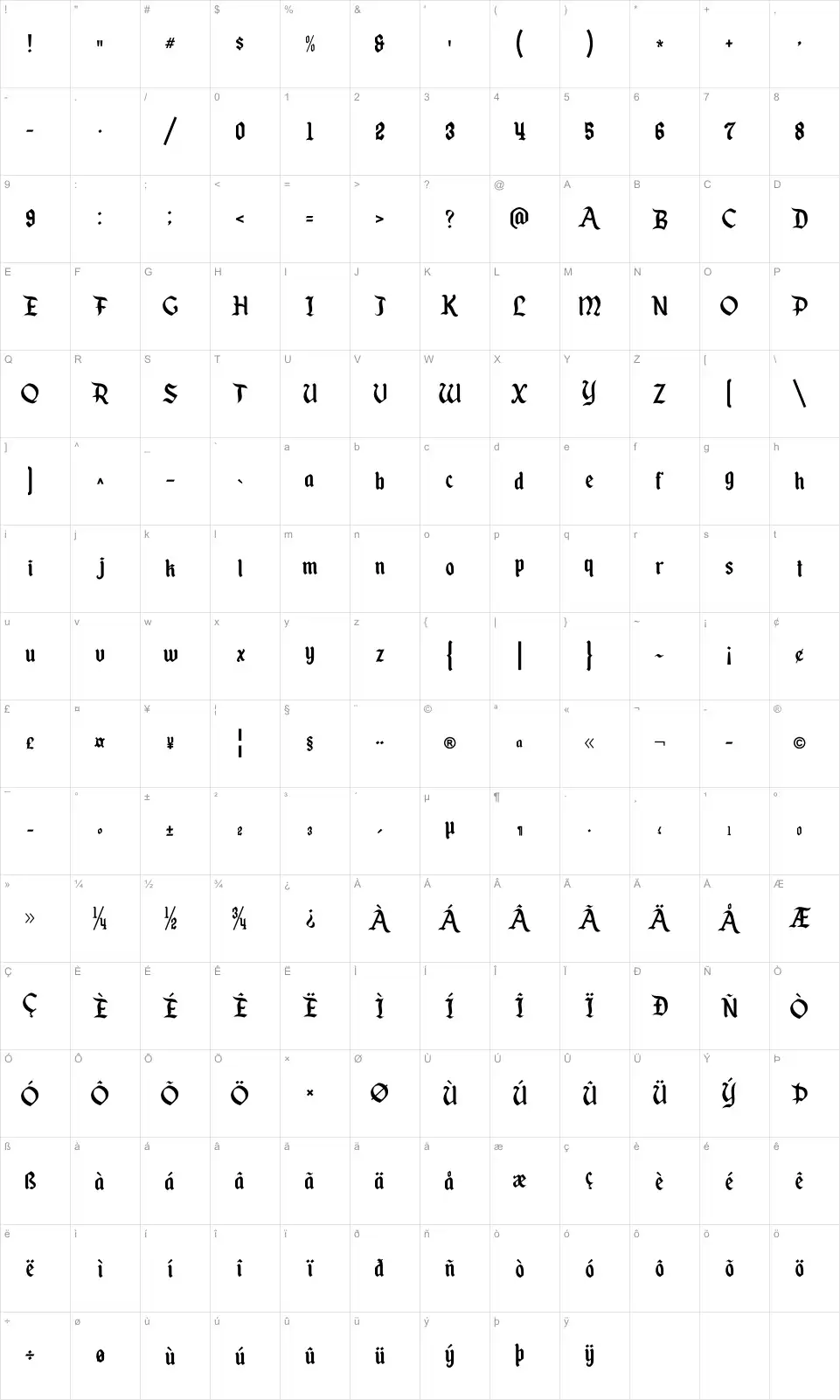 Mapa de caracteres da fonte Enchanted Land