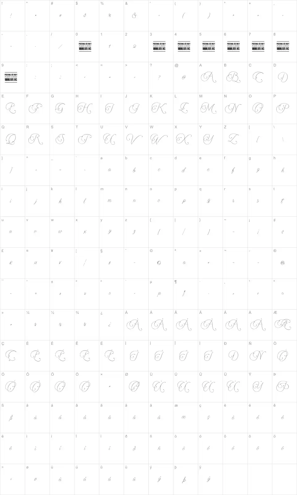 Mapa de caracteres da fonte Encina Script