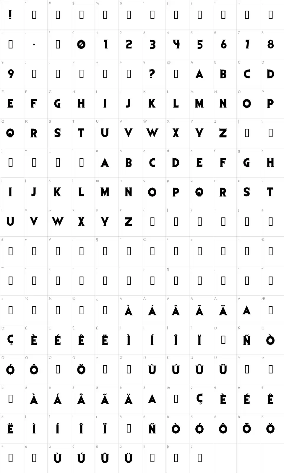 Mapa de caracteres da fonte Evil Dead