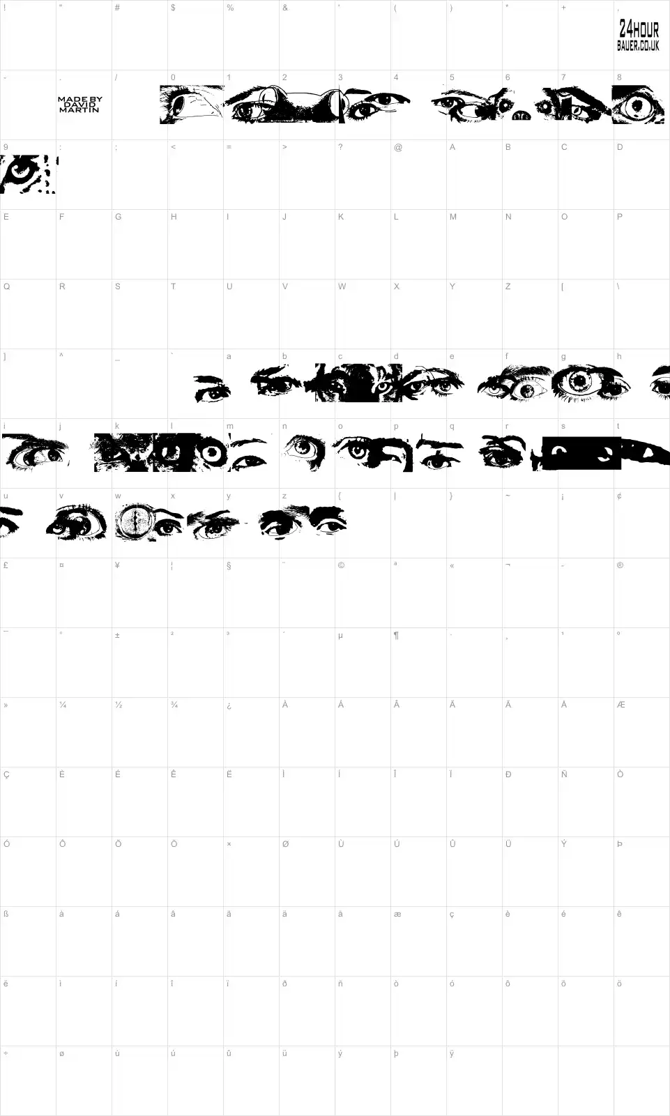 Mapa de caracteres da fonte Eye Spy