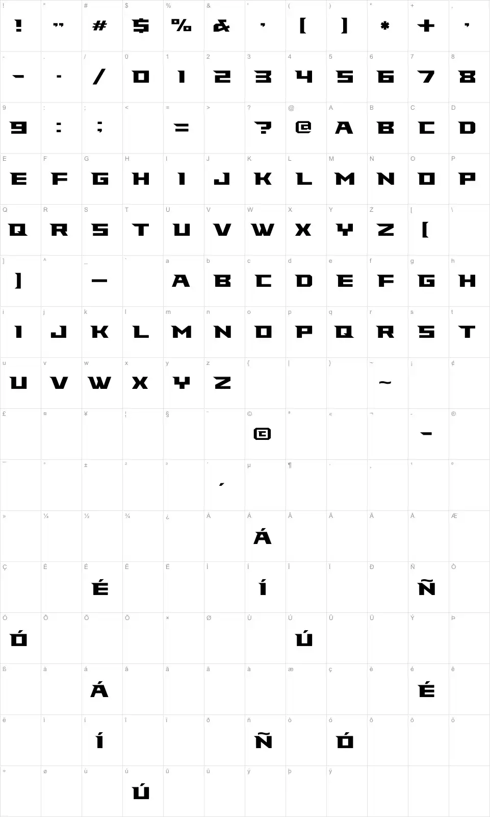 Mapa de caracteres da fonte Falcons Font