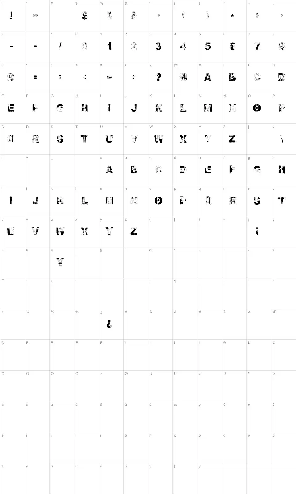 Mapa de caracteres da fonte Fallout Font