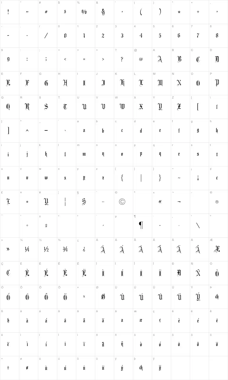 Mapa de caracteres da fonte Fancy Card Text